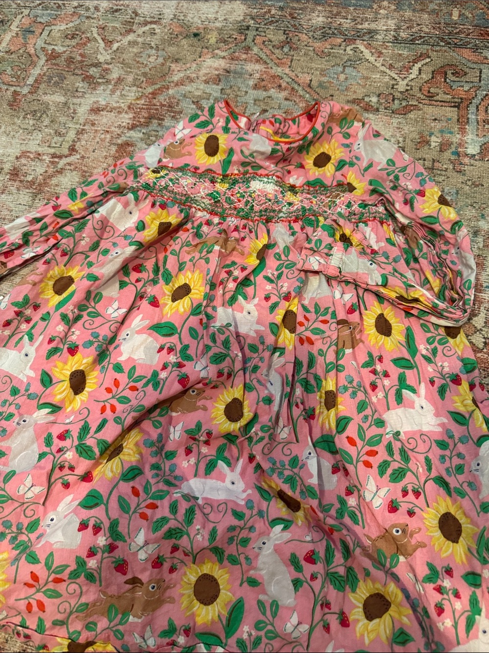 Mini Boden Girls Pink Floral Sunflower Dress + Multicolor Stripe Button Dress - Picture 5 of 7